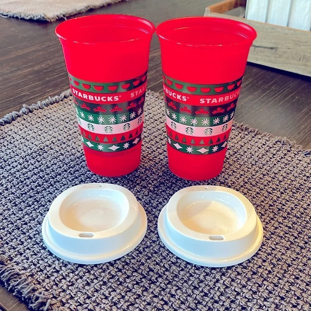 Set of 2 reusable red Starbucks cups with lids